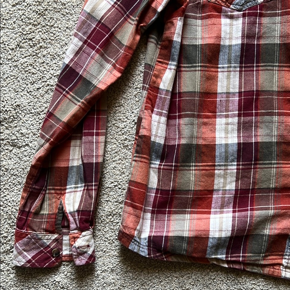 MERRELL Plaid Button Down 100% Cotton Women’s Large Burnt Orange Red Gray Pocket - Picture 3 of 11